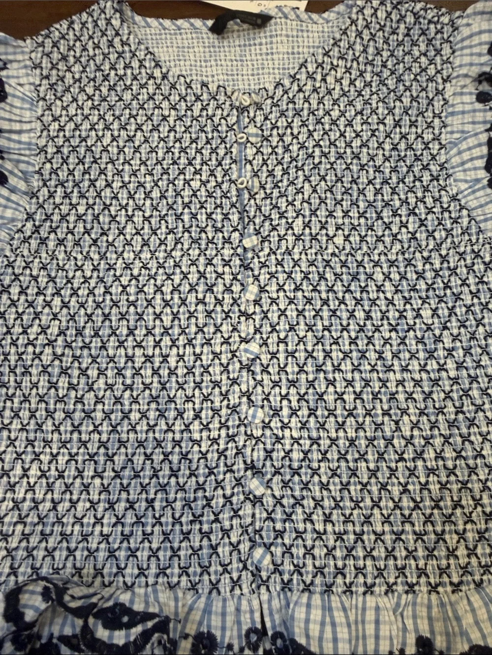 Zara Blue and White Checked Smocked Top Size Large NWT - C30-085 - Picture 5 of 7